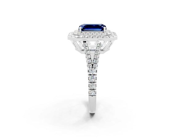 White gold Emerald Cut Blue Sapphire Double Halo Ring with Pavé Band and Prong Setting