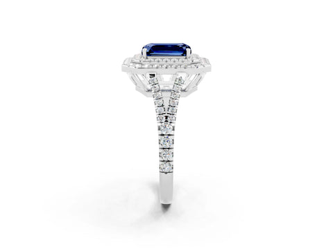 White gold Emerald Cut Blue Sapphire Double Halo Ring with Pavé Band and Prong Setting_14