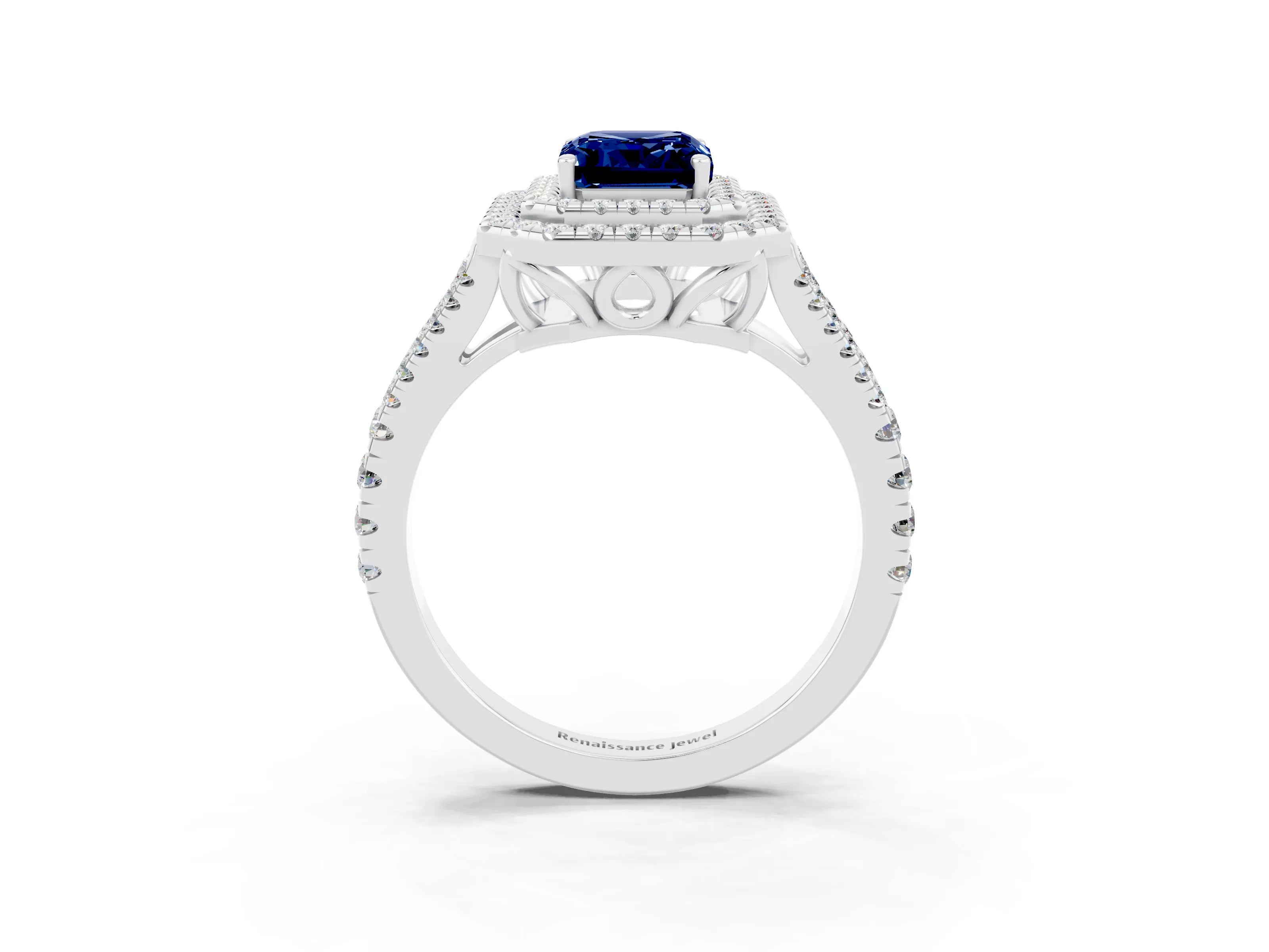 White gold Emerald Cut Blue Sapphire Double Halo Ring with Pavé Band and Prong Setting_15