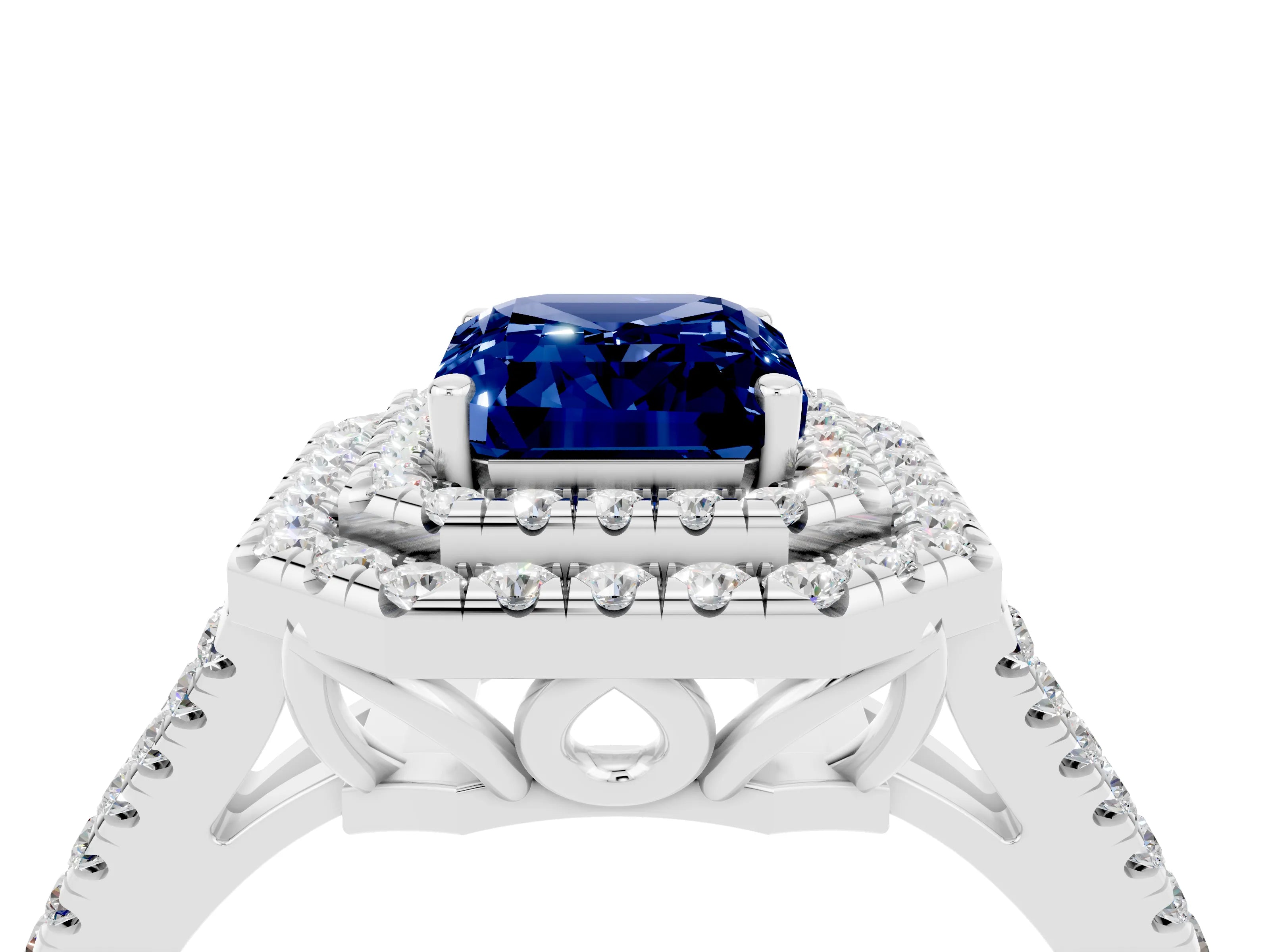 White gold Emerald Cut Blue Sapphire Double Halo Ring with Pavé Band and Prong Setting_16