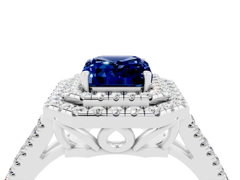 White gold Emerald Cut Blue Sapphire Double Halo Ring with Pavé Band and Prong Setting_16