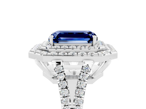 White gold Emerald Cut Blue Sapphire Double Halo Ring with Pavé Band and Prong Setting_17