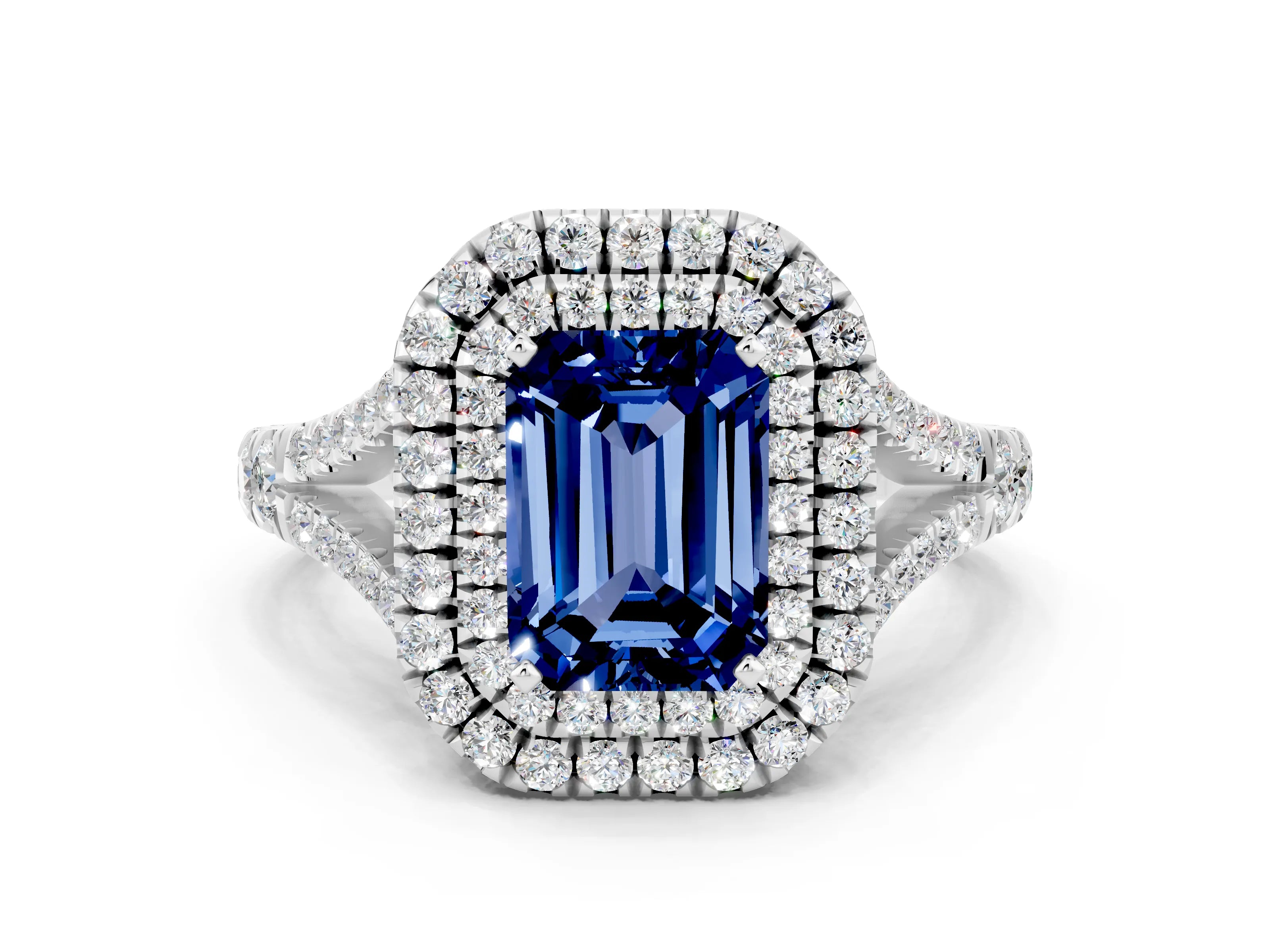 White gold Emerald Cut Blue Sapphire Double Halo Ring with Split Shank and Prong Setting_32