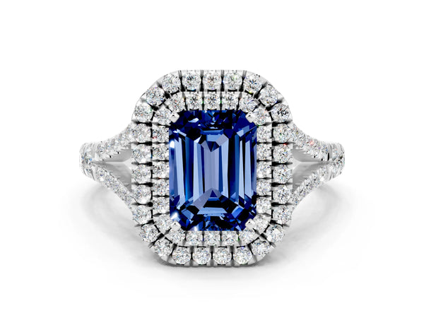 Silver Emerald Cut Blue Sapphire Double Halo Ring with Split Shank and Prong Setting