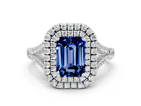 White gold Emerald Cut Blue Sapphire Double Halo Ring with Split Shank and Prong Setting_32