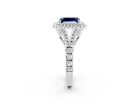 White gold Emerald Cut Blue Sapphire Double Halo Ring with Split Shank and Prong Setting_38