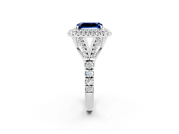 White gold Emerald Cut Blue Sapphire Double Halo Ring with Split Shank and Prong Setting