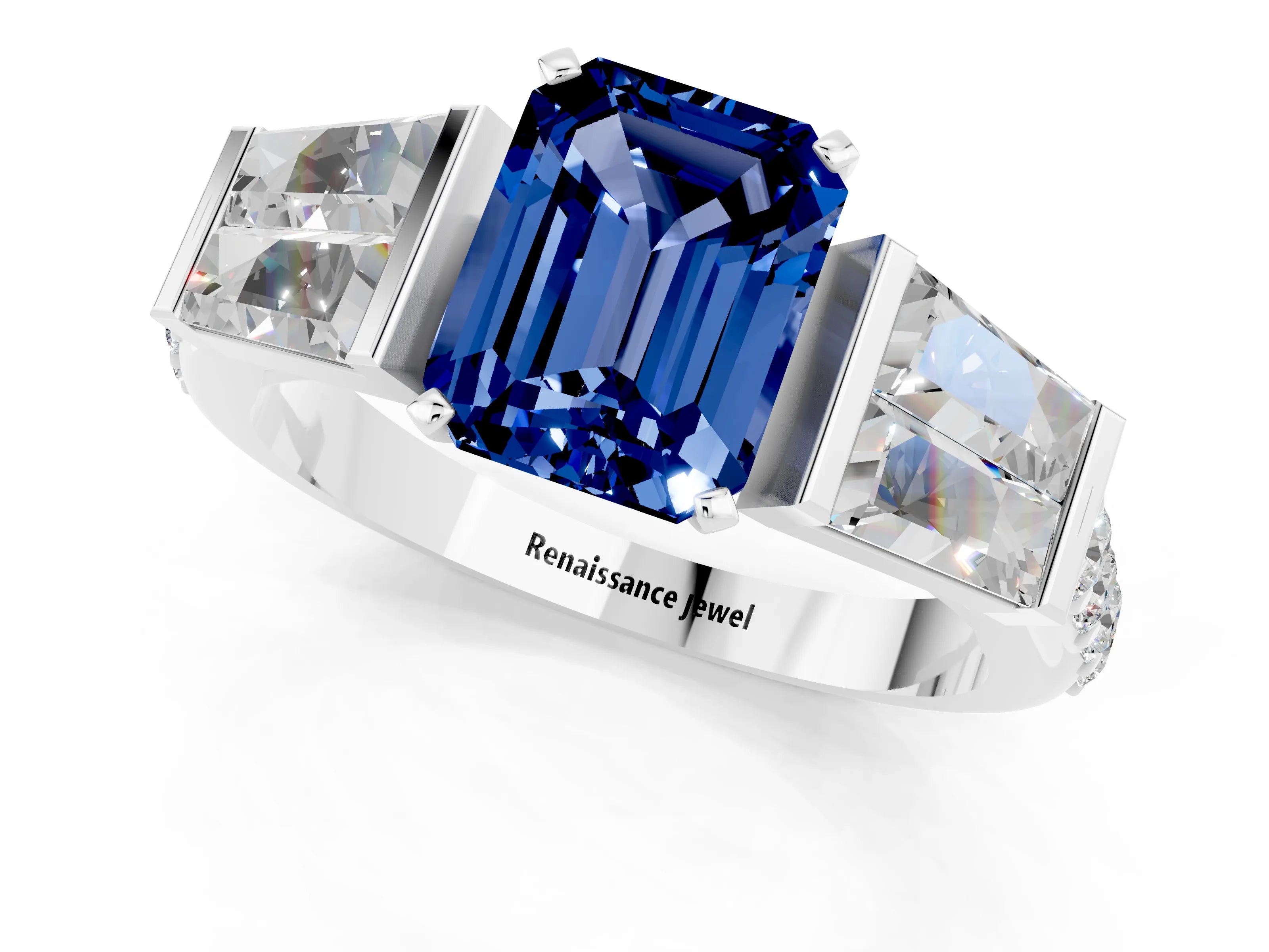 White gold Emerald Cut Blue Sapphire Engagement Ring with Baguette Side Stones and Channel Set Band_1