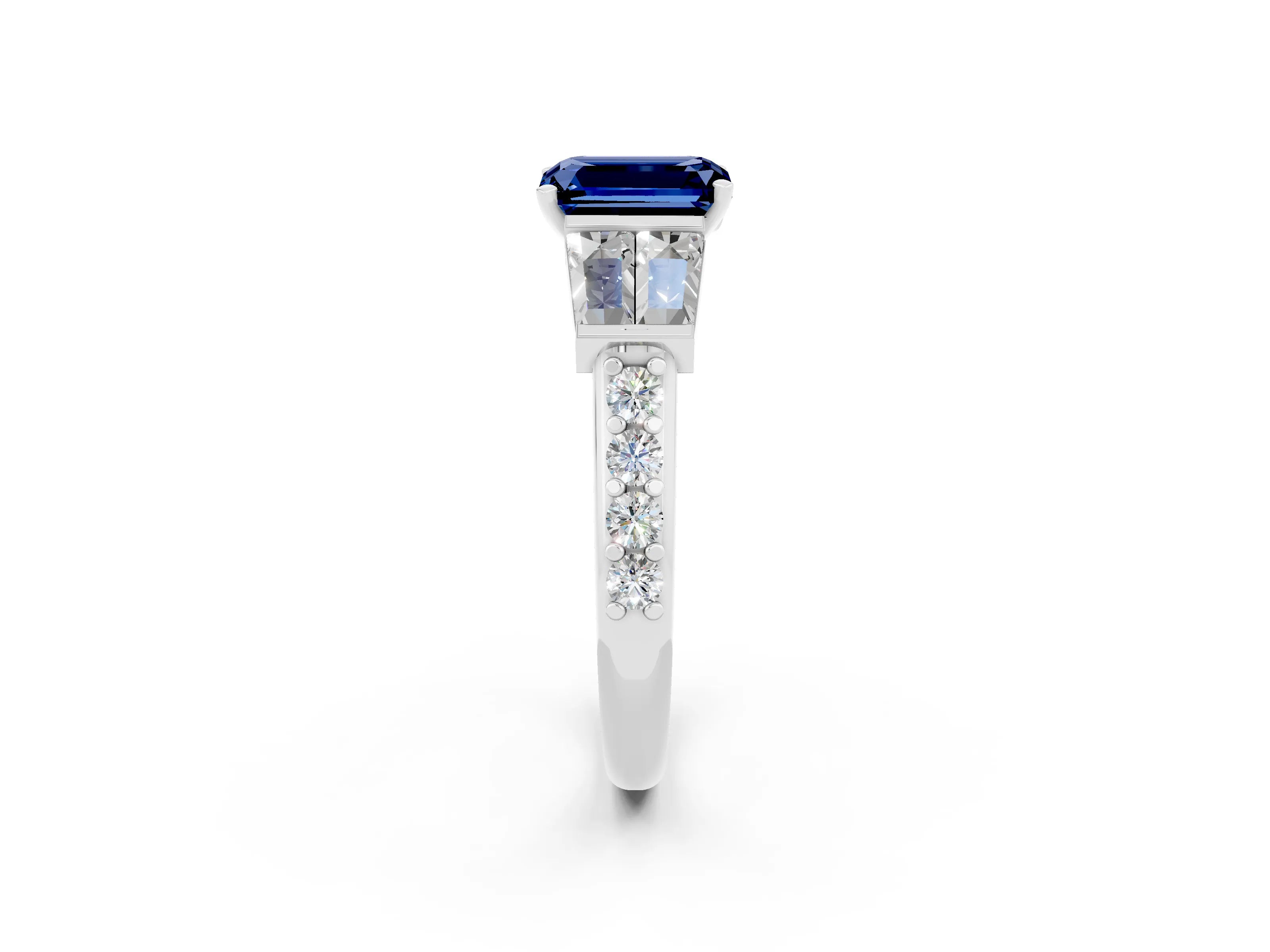 White gold Emerald Cut Blue Sapphire Engagement Ring with Baguette Side Stones and Channel Set Band_2