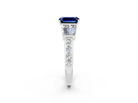 White gold Emerald Cut Blue Sapphire Engagement Ring with Baguette Side Stones and Channel Set Band_2
