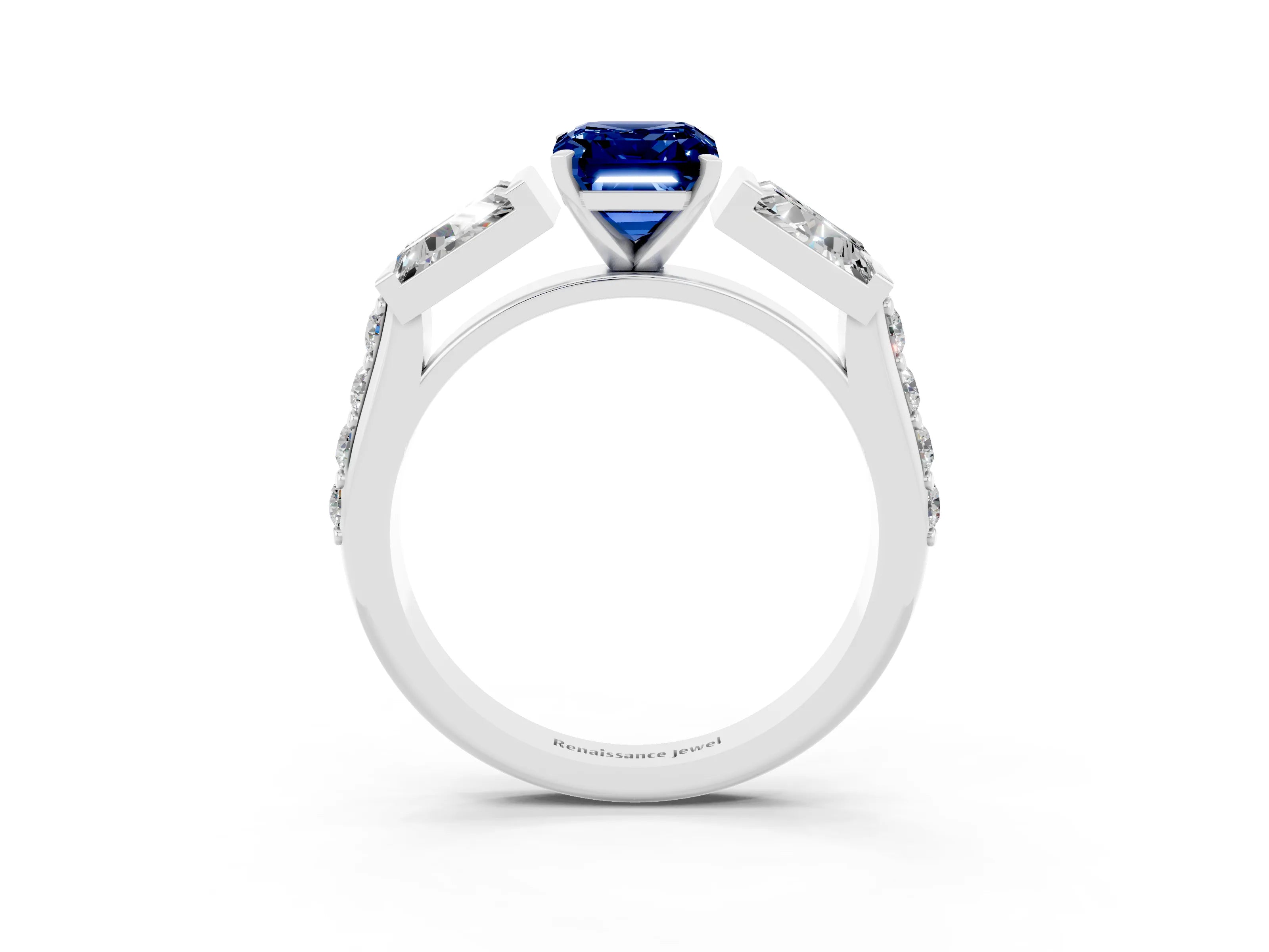 White gold Emerald Cut Blue Sapphire Engagement Ring with Baguette Side Stones and Channel Set Band_3