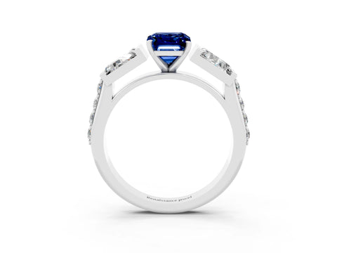 White gold Emerald Cut Blue Sapphire Engagement Ring with Baguette Side Stones and Channel Set Band_3