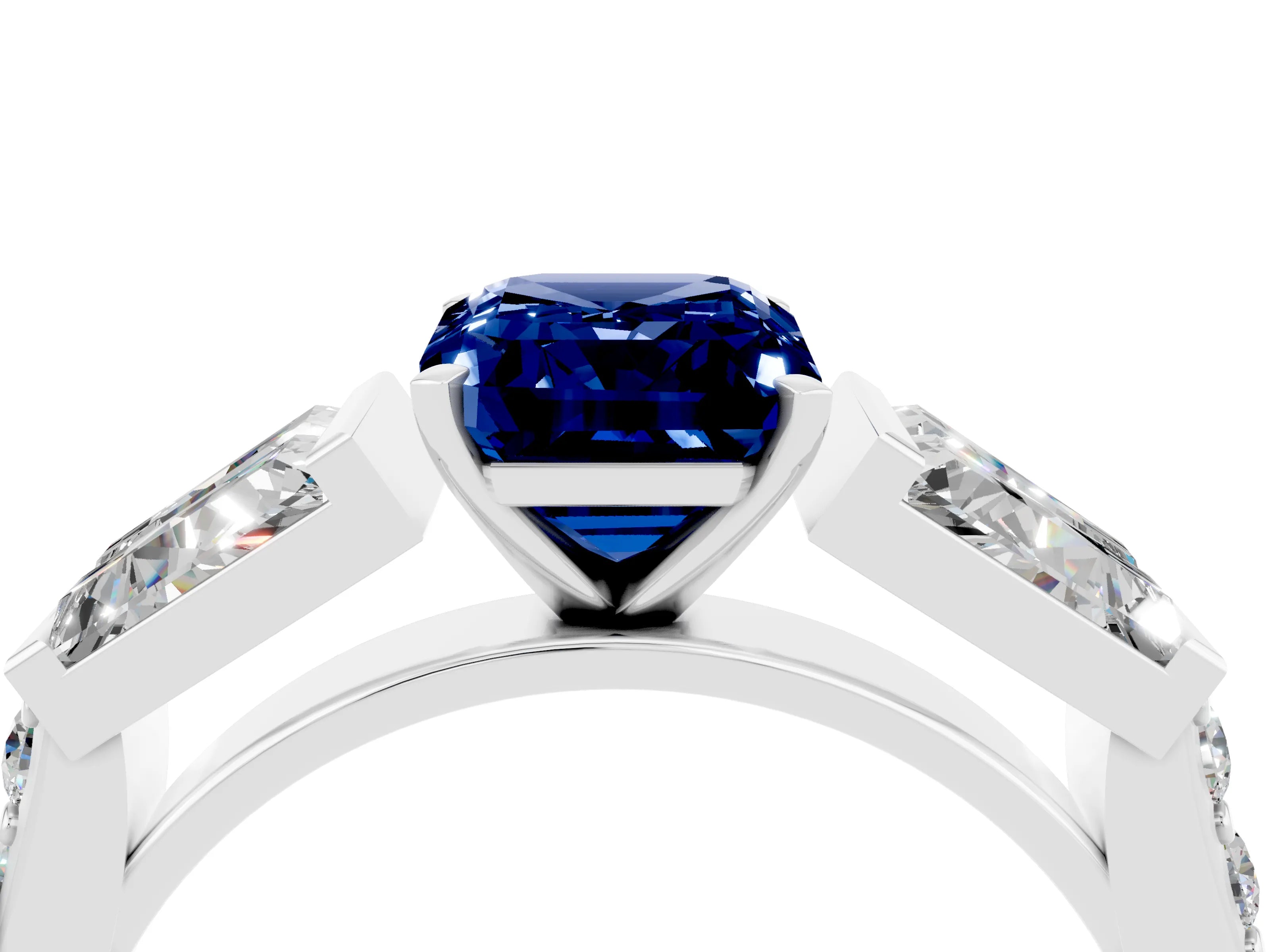 White gold Emerald Cut Blue Sapphire Engagement Ring with Baguette Side Stones and Channel Set Band_4