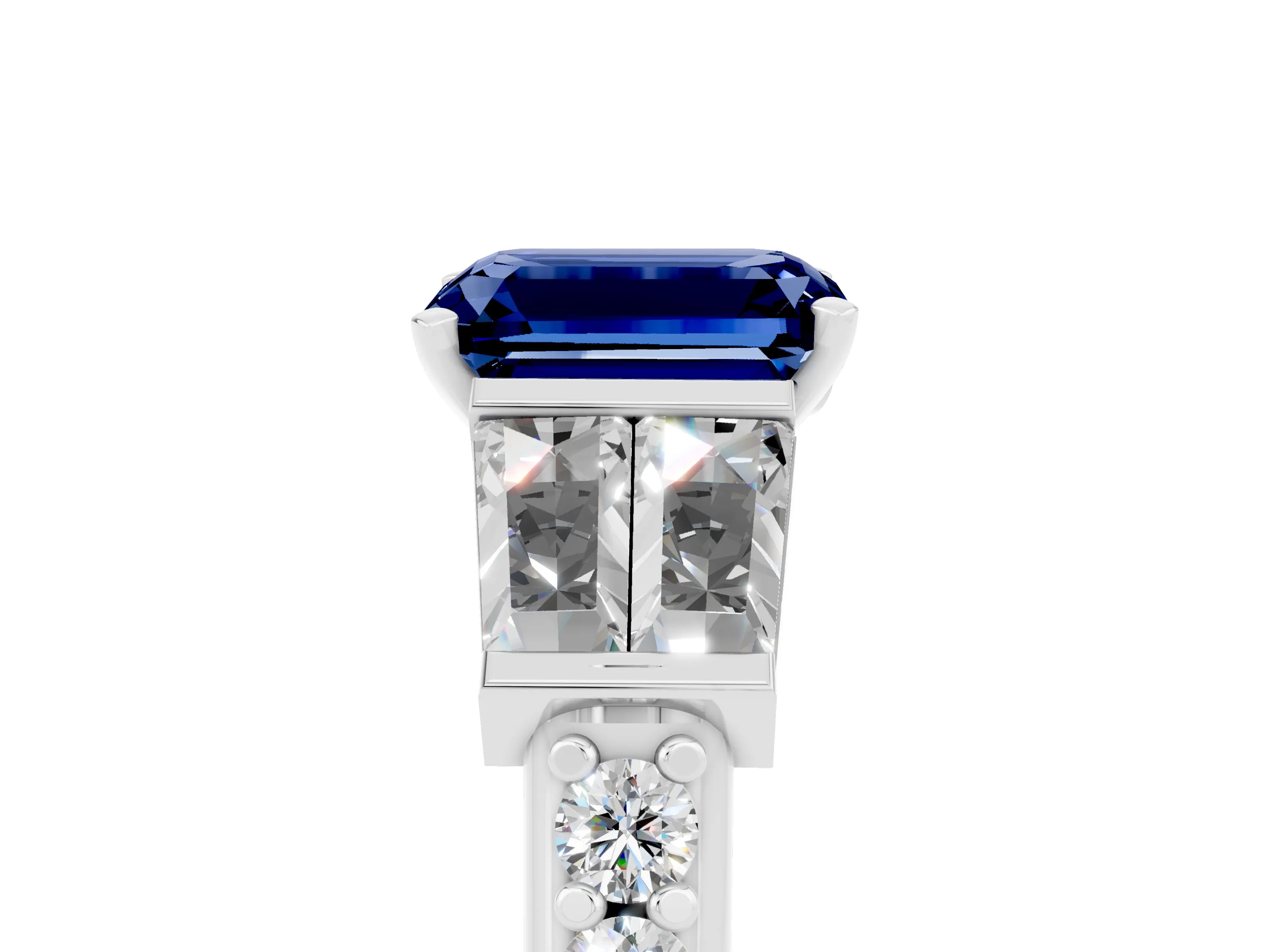 White gold Emerald Cut Blue Sapphire Engagement Ring with Baguette Side Stones and Channel Set Band_5