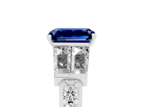 White gold Emerald Cut Blue Sapphire Engagement Ring with Baguette Side Stones and Channel Set Band_5