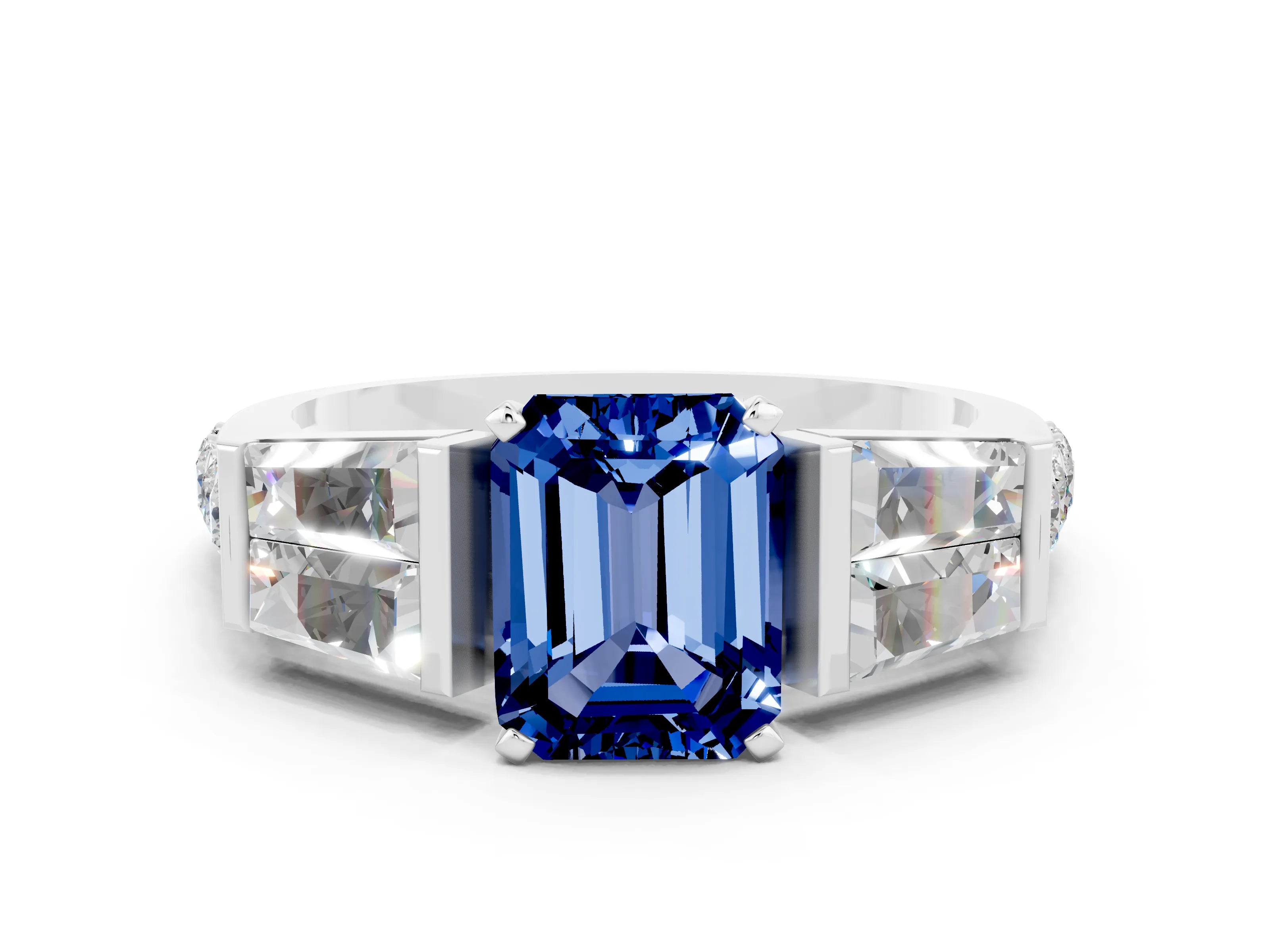 White gold Emerald Cut Blue Sapphire Engagement Ring with Baguette Side Stones and Channel Set Band
