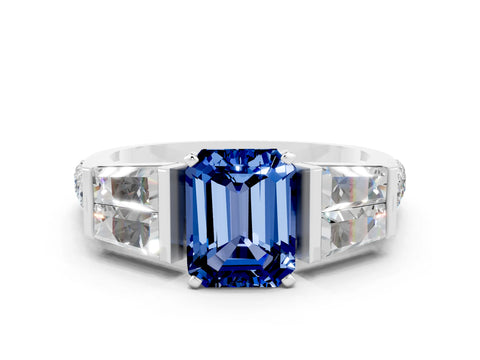 White gold Emerald Cut Blue Sapphire Engagement Ring with Baguette Side Stones and Channel Set Band
