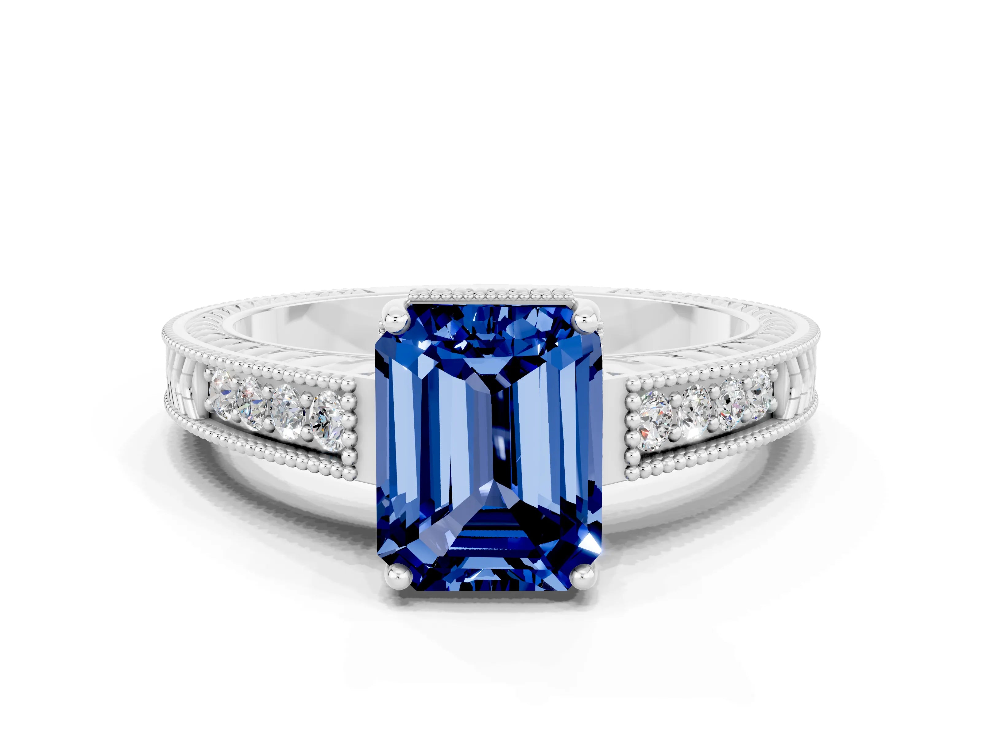 White gold Emerald Cut Blue Sapphire Engagement Ring with Milgrain Channel Set Band and Prong Setting
