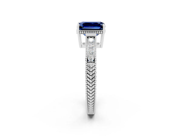 White gold Emerald Cut Blue Sapphire Engagement Ring with Milgrain Channel Set Band and Prong Setting