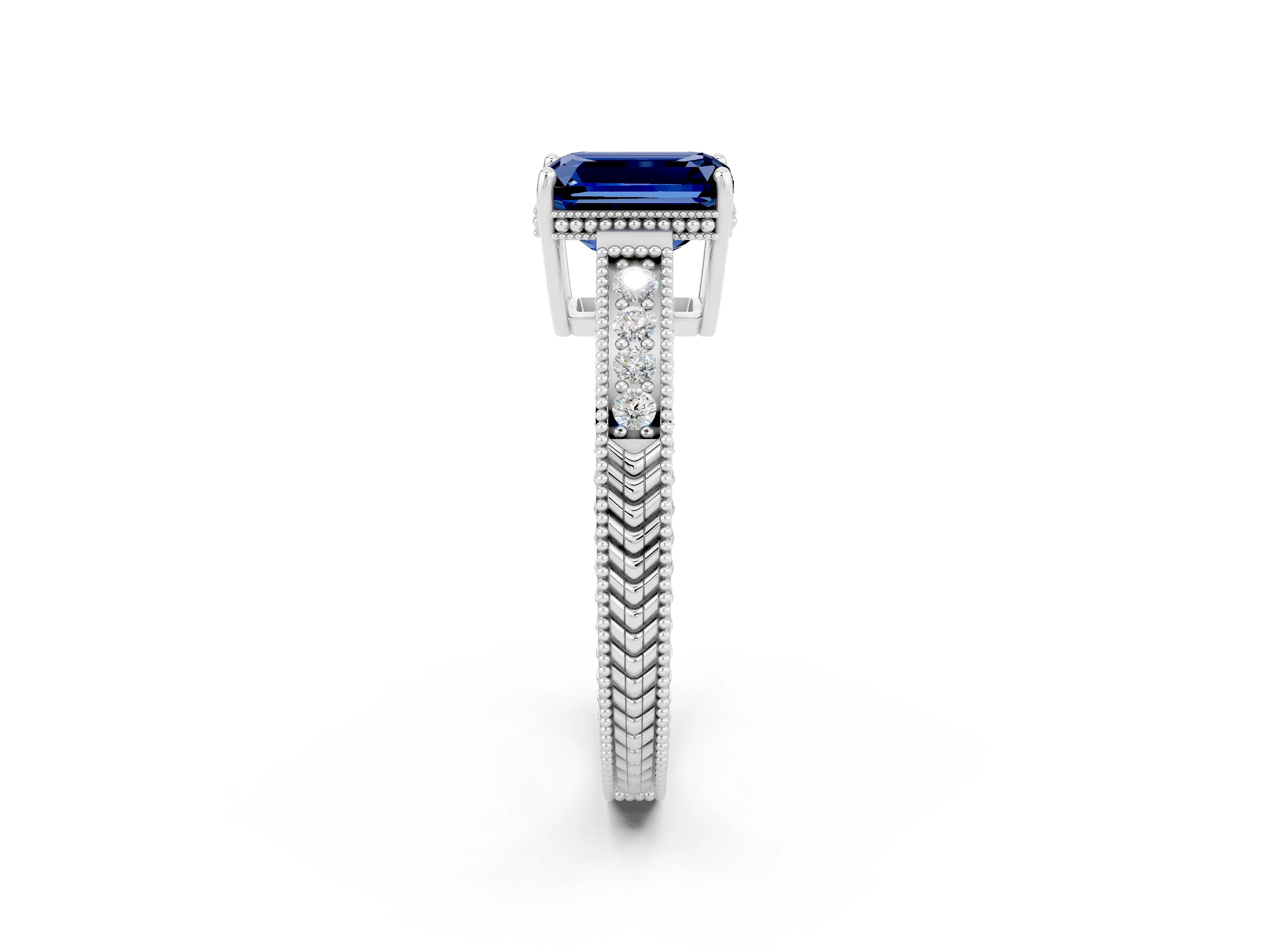 White gold Emerald Cut Blue Sapphire Engagement Ring with Milgrain Channel Set Band and Prong Setting_2