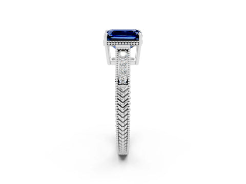 White gold Emerald Cut Blue Sapphire Engagement Ring with Milgrain Channel Set Band and Prong Setting_2