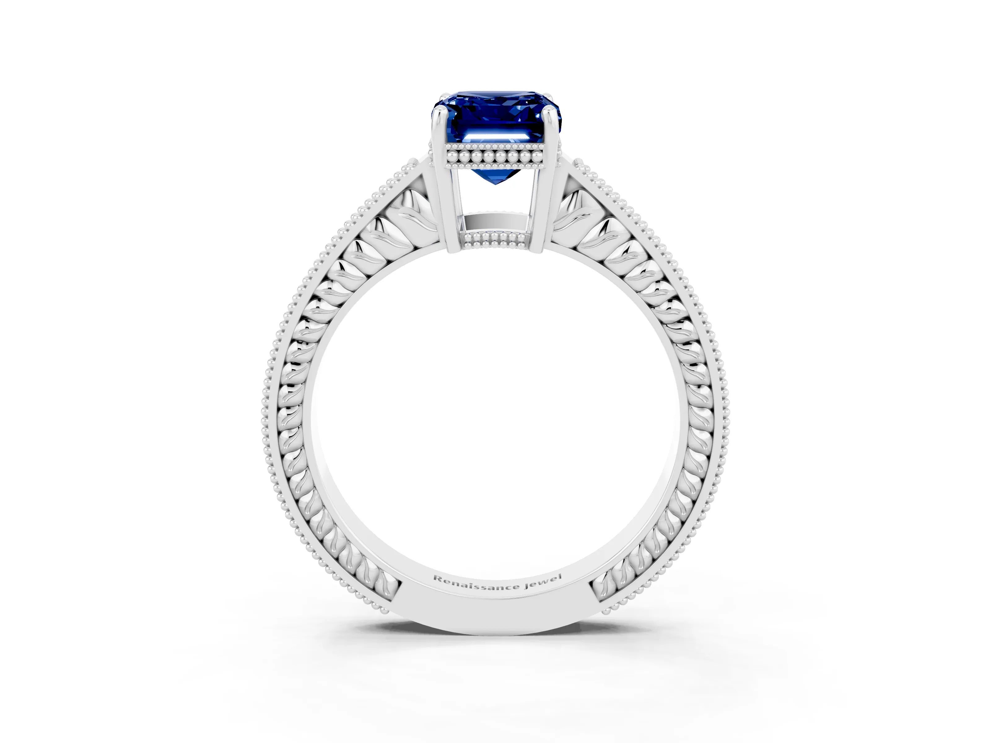 White gold Emerald Cut Blue Sapphire Engagement Ring with Milgrain Channel Set Band and Prong Setting_3
