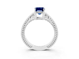 White gold Emerald Cut Blue Sapphire Engagement Ring with Milgrain Channel Set Band and Prong Setting_3