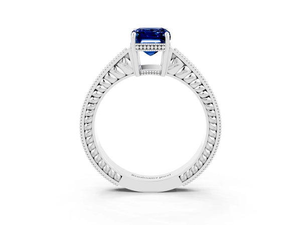 Silver Emerald Cut Blue Sapphire Engagement Ring with Milgrain Channel Set Band and Prong Setting