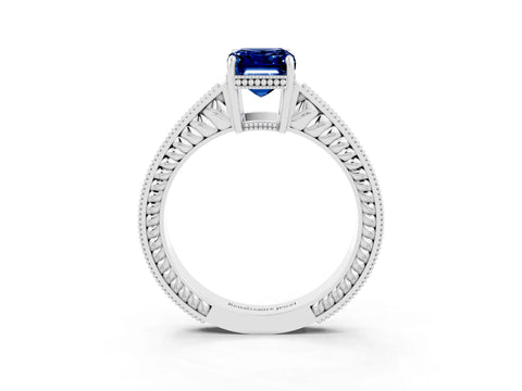 White gold Emerald Cut Blue Sapphire Engagement Ring with Milgrain Channel Set Band and Prong Setting_3