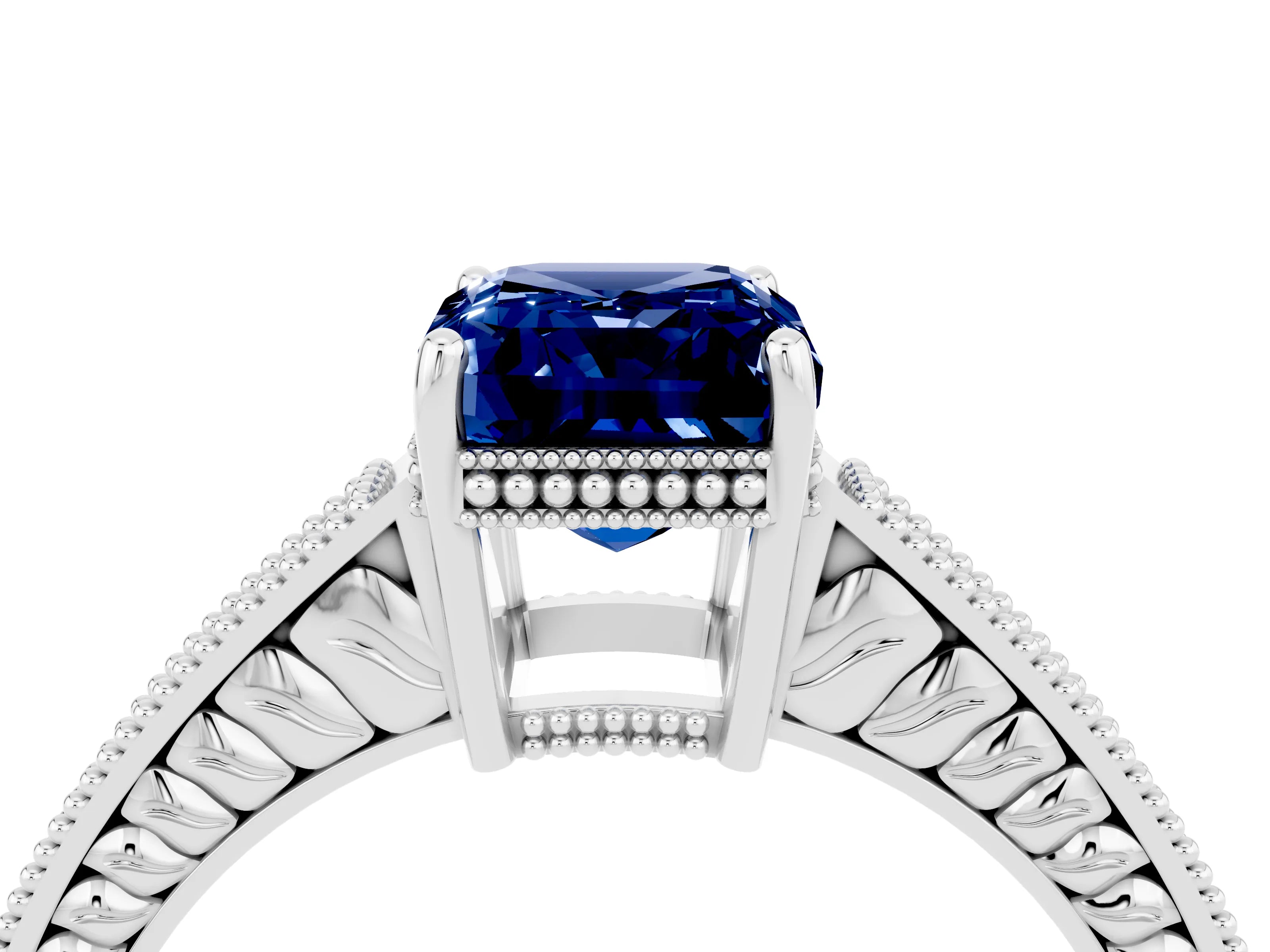 White gold Emerald Cut Blue Sapphire Engagement Ring with Milgrain Channel Set Band and Prong Setting_4