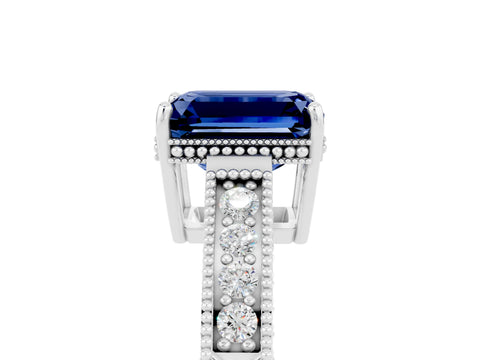 White gold Emerald Cut Blue Sapphire Engagement Ring with Milgrain Channel Set Band and Prong Setting_5