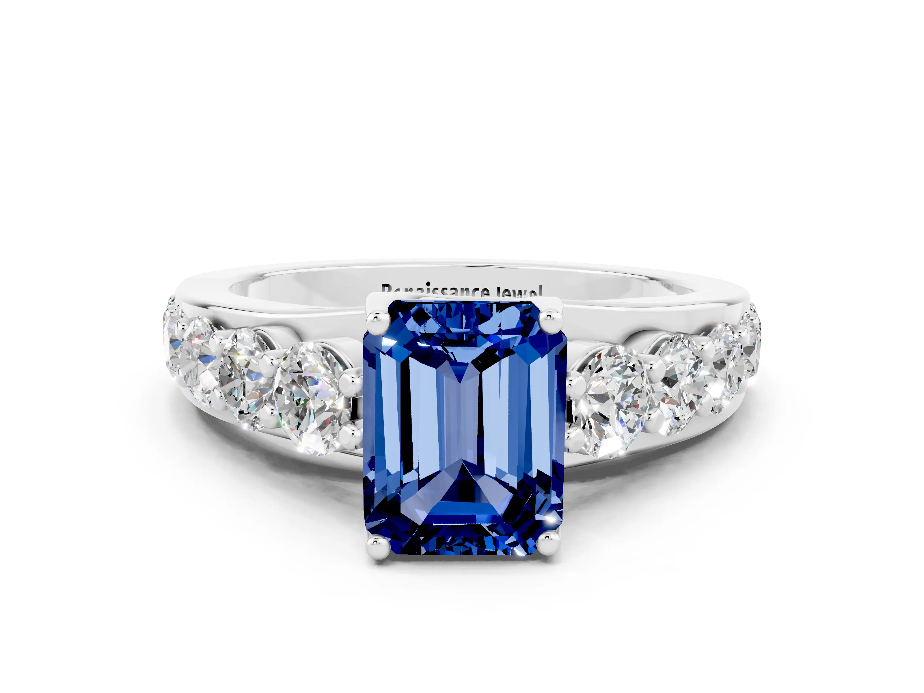 White gold Emerald Cut Blue Sapphire Engagement Ring with Pavé Band and Four-Prong Setting