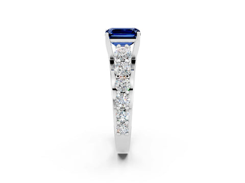White gold Emerald Cut Blue Sapphire Engagement Ring with Pavé Band and Four-Prong Setting_2