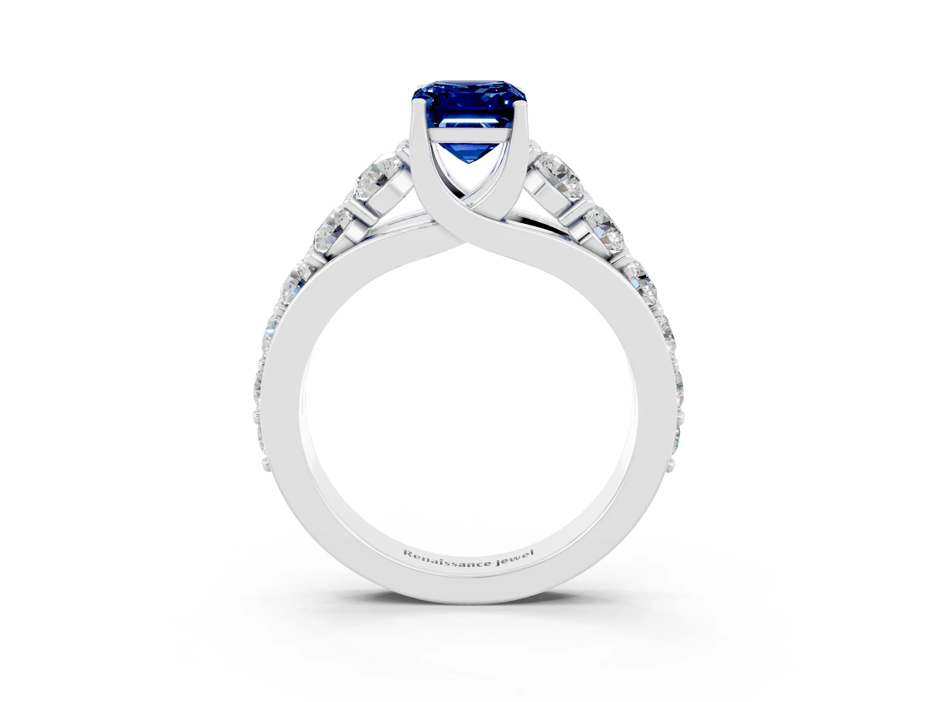 White gold Emerald Cut Blue Sapphire Engagement Ring with Pavé Band and Four-Prong Setting_3