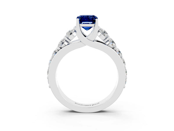 Silver Emerald Cut Blue Sapphire Engagement Ring with Pavé Band and Four-Prong Setting