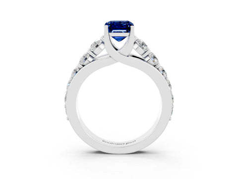 White gold Emerald Cut Blue Sapphire Engagement Ring with Pavé Band and Four-Prong Setting_3