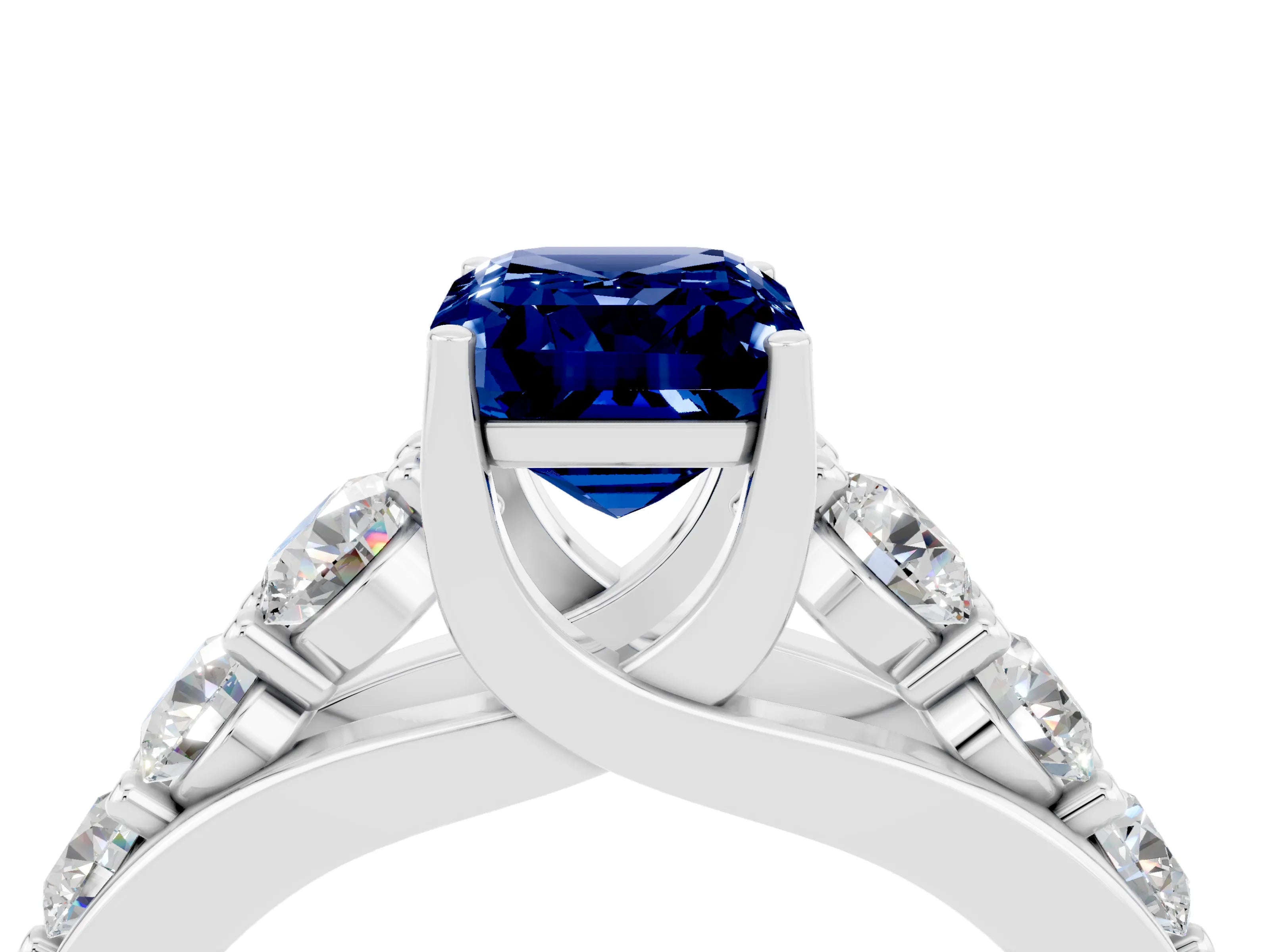 White gold Emerald Cut Blue Sapphire Engagement Ring with Pavé Band and Four-Prong Setting_4