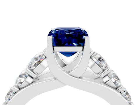 White gold Emerald Cut Blue Sapphire Engagement Ring with Pavé Band and Four-Prong Setting_4