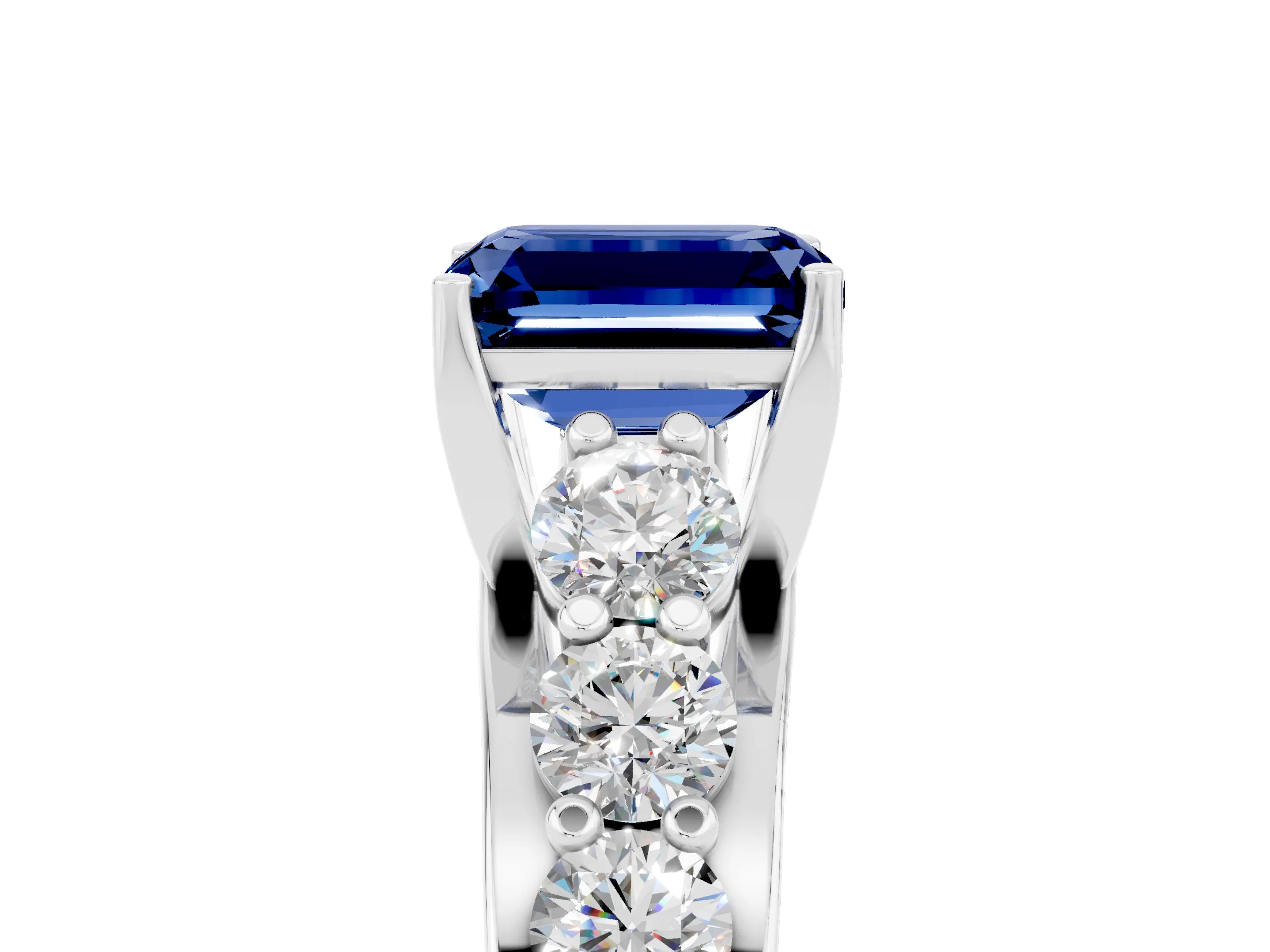 White gold Emerald Cut Blue Sapphire Engagement Ring with Pavé Band and Four-Prong Setting_5