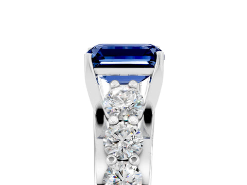 White gold Emerald Cut Blue Sapphire Engagement Ring with Pavé Band and Four-Prong Setting_5