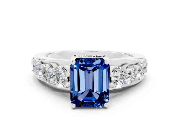 White gold Emerald Cut Blue Sapphire Engagement Ring with Pavé Band and Four-Prong Setting
