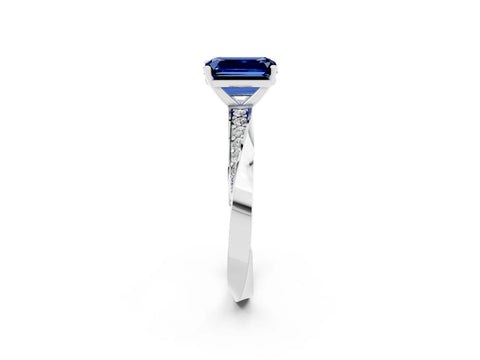White gold Emerald Cut Blue Sapphire Engagement Ring with Side Stone Accents and Four-Prong Setting_29
