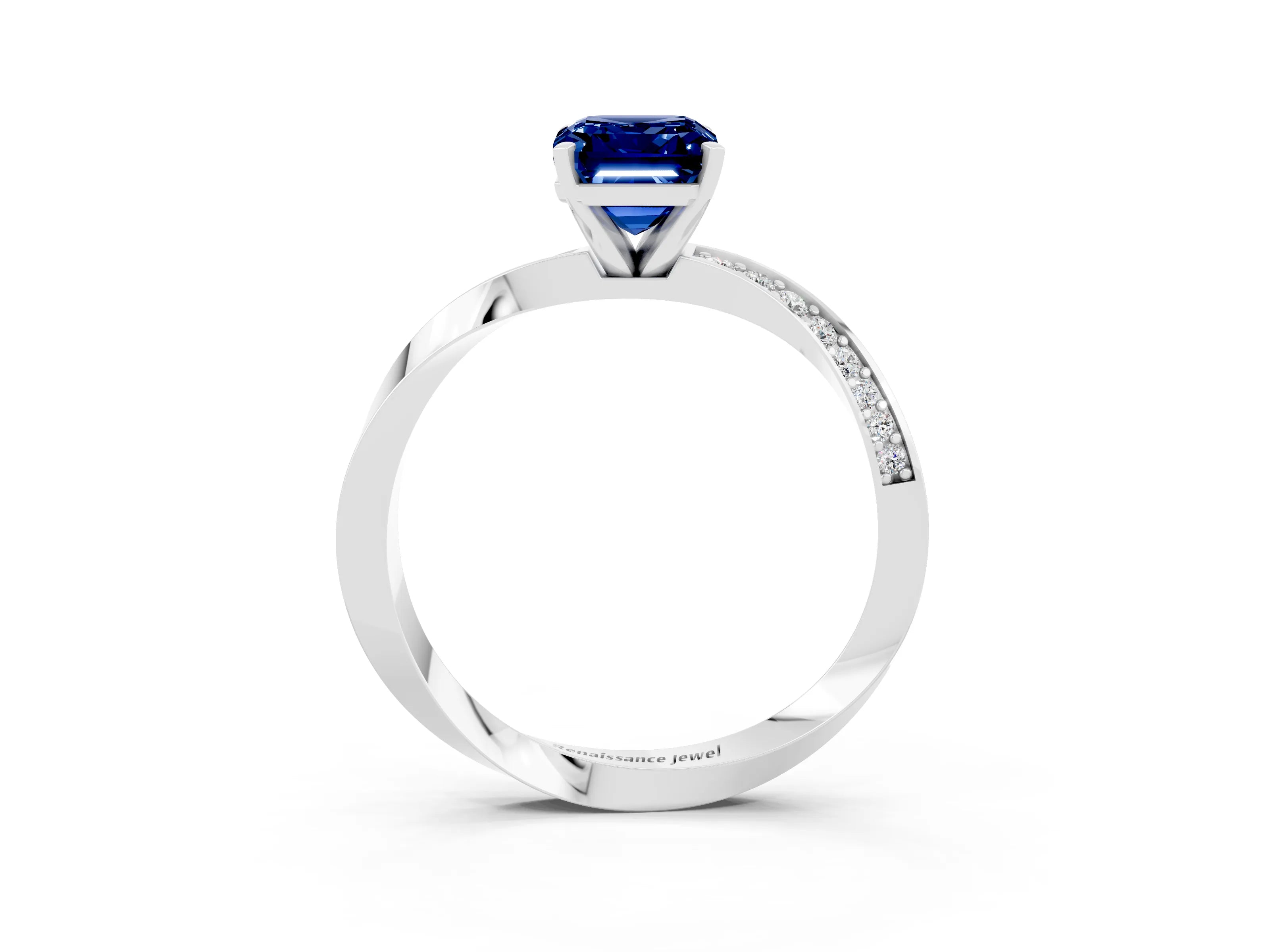 White gold Emerald Cut Blue Sapphire Engagement Ring with Side Stone Accents and Four-Prong Setting_30