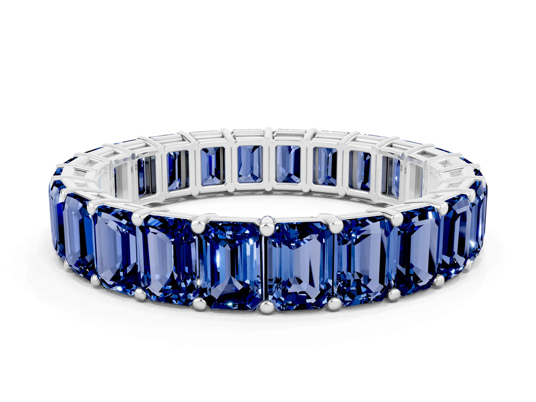 White gold Emerald Cut Blue Sapphire Eternity Band with Shared Prong Setting_6