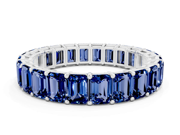 White Gold Emerald Cut Lab-Grown Blue Sapphire North-South Eternity Wedding Band with Shared Prongs