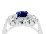 White gold Emerald Cut Blue Sapphire Floral Double Halo Engagement Ring with Prong Setting_112