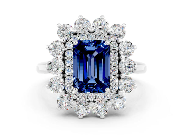 Platinum Emerald Cut Blue Sapphire Floral Double Halo Engagement Ring with Prong Setting