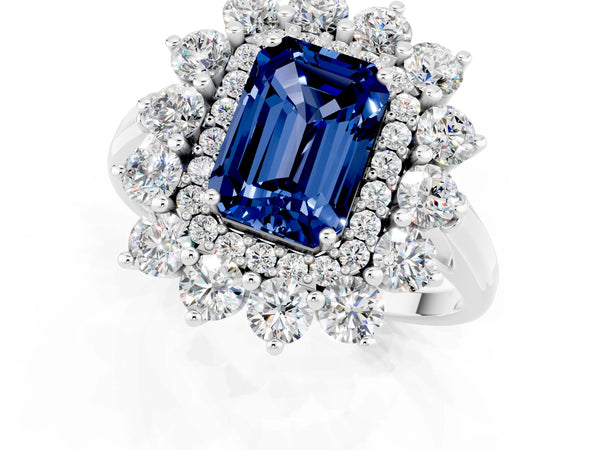 Platinum Emerald Cut Blue Sapphire Floral Double Halo Engagement Ring with Prong Setting