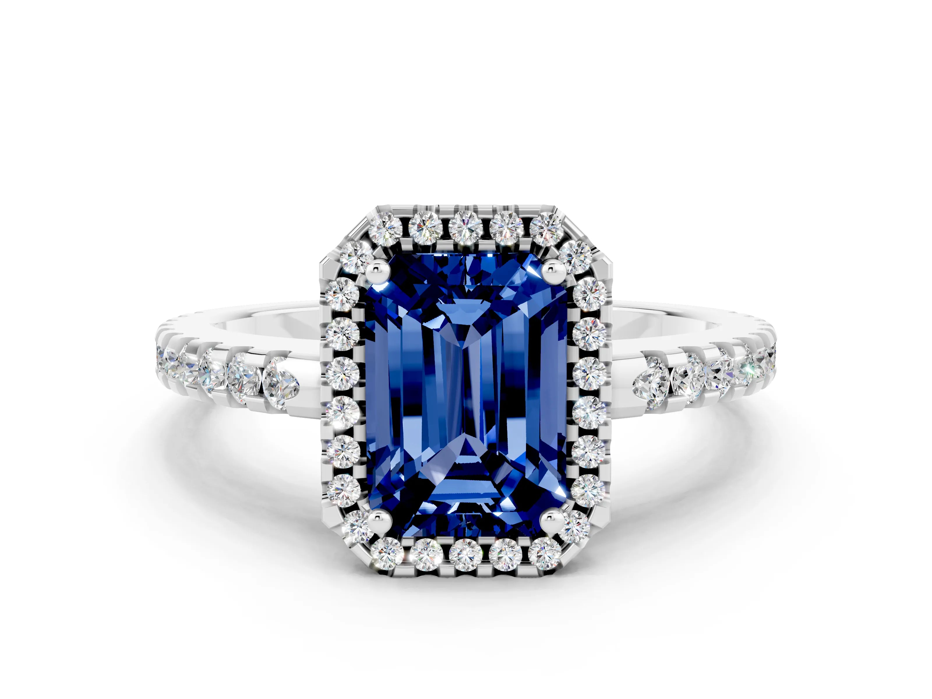 White gold Emerald Cut Blue Sapphire Halo Engagement Ring with Pavé Band and Prong Setting_12