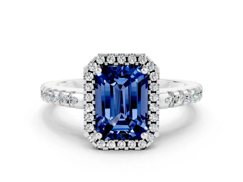 White gold Emerald Cut Blue Sapphire Halo Engagement Ring with Pavé Band and Prong Setting_12